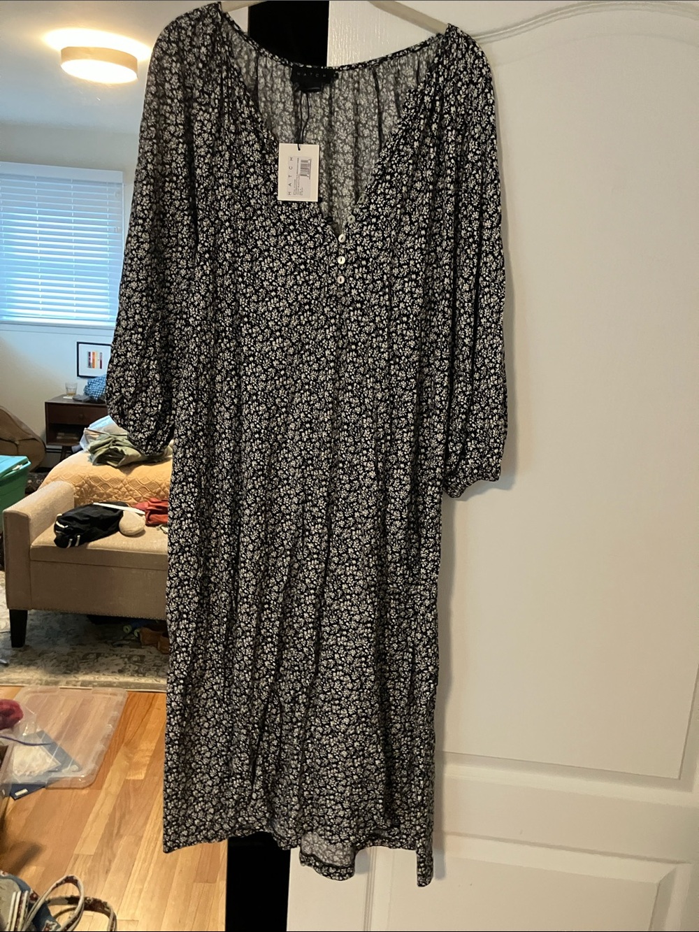 Hatch Black Floral Midi Dress with White Print the organic nursing night dress